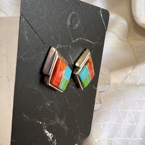 VTG A Francisco Native Navajo Spiny Oyster Turquoise Sterling Vintage Earrings - Picture 9 of 10